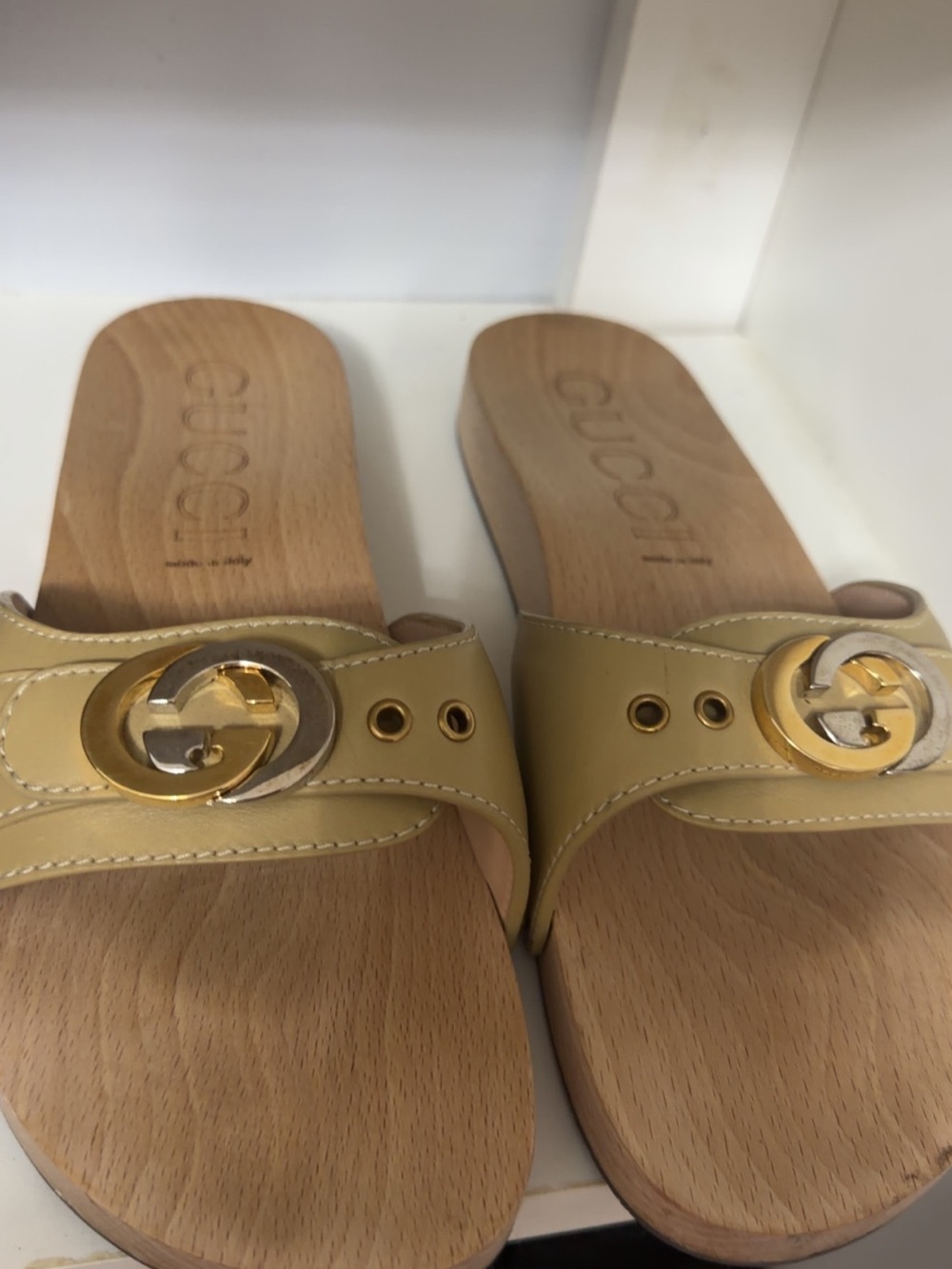 Gucci Pale Yellow Leather Slide Mules with Gold Double G